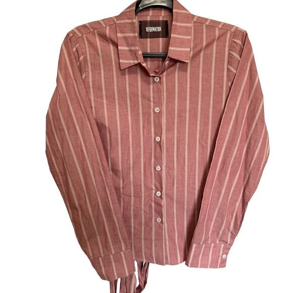Reformation Dorsett Top Button Down Belted Waist Stripes Pink White Size Small - Picture 4 of 12